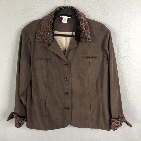 Susan Graver Jacket Womens 1X Plus Size Brown Faux Fur Collar Career Office - Picture 1 of 16